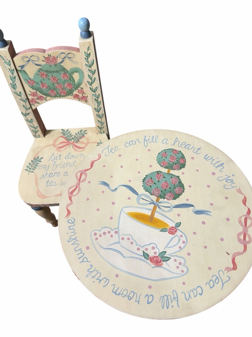 Vtg Mud Pie Pink and Cream Hand-Painted Decorative Chair and Table